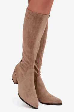 Kozaki Damskie Na Niskim Obcasie Eko Zamszowe Sergio Leone KZ212 Beżowe