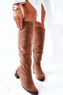 Kozaki Damskie Na Obcasie Zamszowe Beżowe Bolea