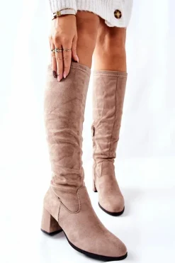 Kozaki Damskie Na Obcasie Zamszowe Beżowe Newferry