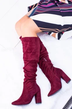 Kozaki Damskie Na Obcasie W Szpic Zamszowe Bordowe Nightcall