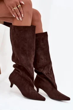 Kozaki Damskie Na Obcasie Z Eko Zamszu Czekoladowe Pheona