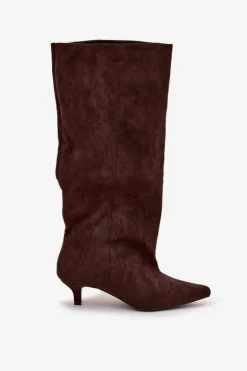 Kozaki Damskie Na Obcasie Z Eko Zamszu Czekoladowe Pheona