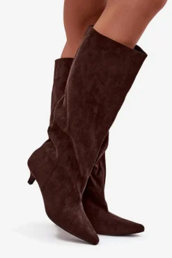 Kozaki Damskie Na Obcasie Z Eko Zamszu Czekoladowe Pheona