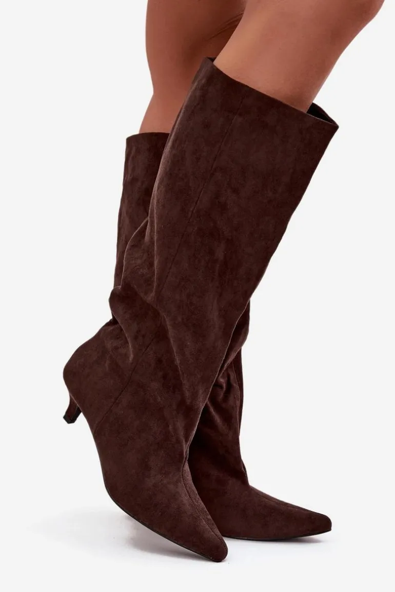 Kozaki Damskie Na Obcasie Z Eko Zamszu Czekoladowe Pheona