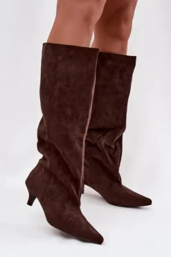 Kozaki Damskie Na Obcasie Z Eko Zamszu Czekoladowe Pheona