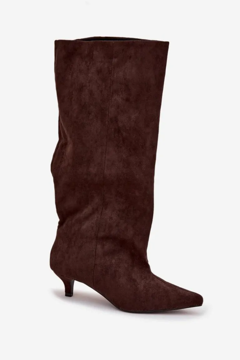 Kozaki Damskie Na Obcasie Z Eko Zamszu Czekoladowe Pheona