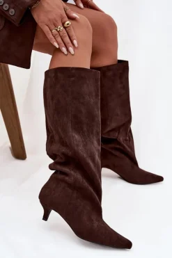 Kozaki Damskie Na Obcasie Z Eko Zamszu Czekoladowe Pheona
