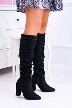 Kozaki Damskie Na Obcasie W Szpic Zamszowe Czarne Nightcall