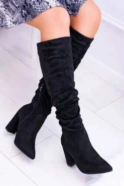 Kozaki Damskie Na Obcasie W Szpic Zamszowe Czarne Nightcall