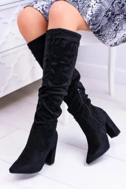 Kozaki Damskie Na Obcasie W Szpic Zamszowe Czarne Nightcall