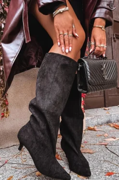 Kozaki Damskie Na Obcasie Z Eko Zamszu Czarne Pheona