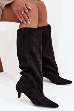 Kozaki Damskie Na Obcasie Z Eko Zamszu Czarne Pheona