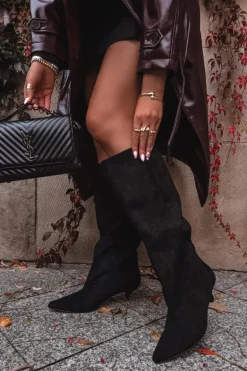 Kozaki Damskie Na Obcasie Z Eko Zamszu Czarne Pheona