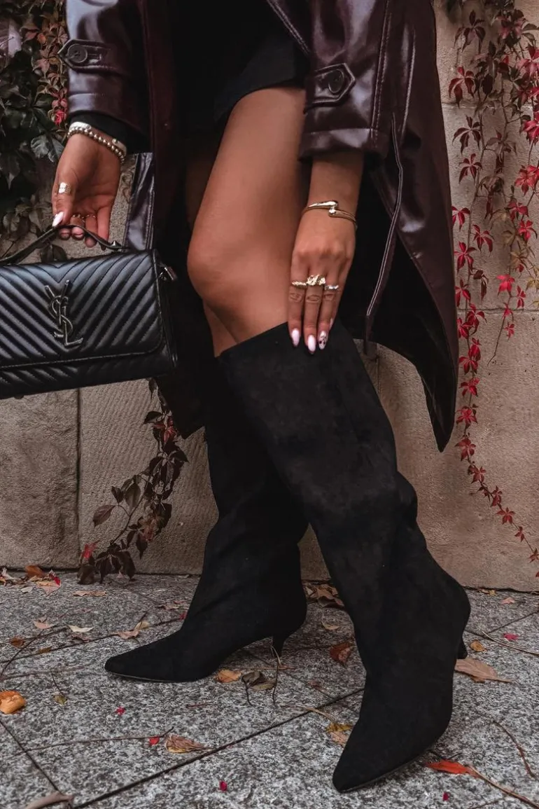 Kozaki Damskie Na Obcasie Z Eko Zamszu Czarne Pheona