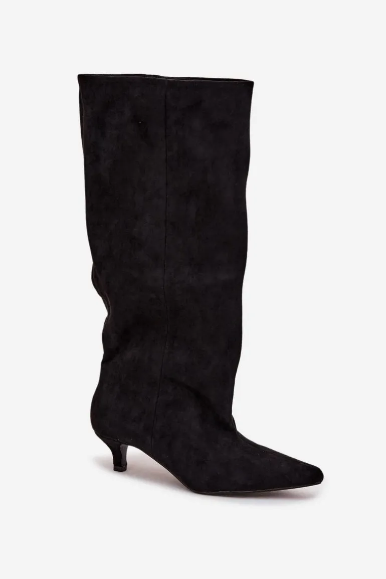 Kozaki Damskie Na Obcasie Z Eko Zamszu Czarne Pheona