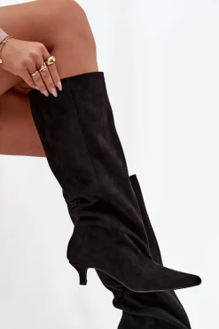 Kozaki Damskie Na Obcasie Z Eko Zamszu Czarne Pheona