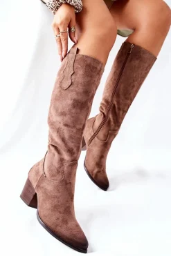 Kozaki Damskie Na Obcasie Zamszowe Beżowe Sillogue