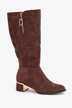 Kozaki Damskie Na Obcasie Z Eko Zamszu Brązowe Lyvienne