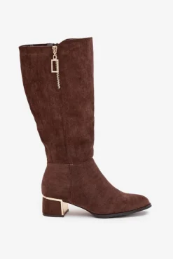 Kozaki Damskie Na Obcasie Z Eko Zamszu Brązowe Lyvienne