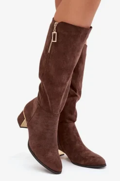 Kozaki Damskie Na Obcasie Z Eko Zamszu Brązowe Lyvienne