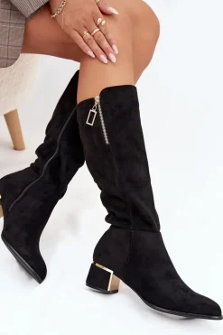 Kozaki Damskie Na Obcasie Z Eko Zamszu Czarne Lyvienne