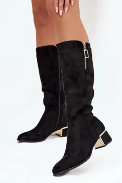 Kozaki Damskie Na Obcasie Z Eko Zamszu Czarne Lyvienne