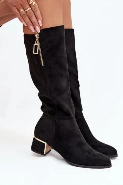 Kozaki Damskie Na Obcasie Z Eko Zamszu Czarne Lyvienne