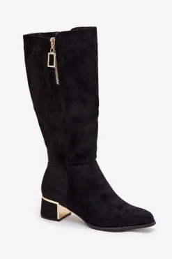 Kozaki Damskie Na Obcasie Z Eko Zamszu Czarne Lyvienne