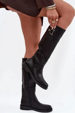 Kozaki Damskie Na Płaskim Obcasie Z Ozdobnym Detalem Czarne Arvessa