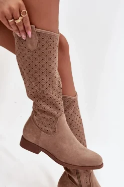 Kozaki Damskie Na Płaskim Obcasie Z Ażurowym Wzorem S.Barski HY52-531 Beżowe