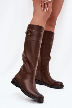 Kozaki Damskie Na Płaskim Obcasie Z Ozdobnym Detalem Brązowe Arvessa