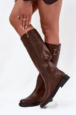 Kozaki Damskie Na Płaskim Obcasie Z Ozdobnym Detalem Brązowe Arvessa