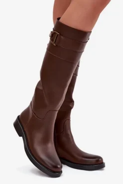 Kozaki Damskie Na Płaskim Obcasie Z Ozdobnym Detalem Brązowe Arvessa