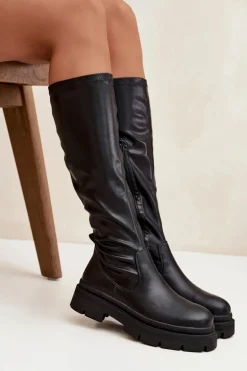 Kozaki Damskie Na Platformie Z Eko Skóry Czarne Marivelle