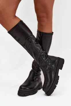 Kozaki Damskie Na Platformie Z Eko Skóry Czarne Marivelle