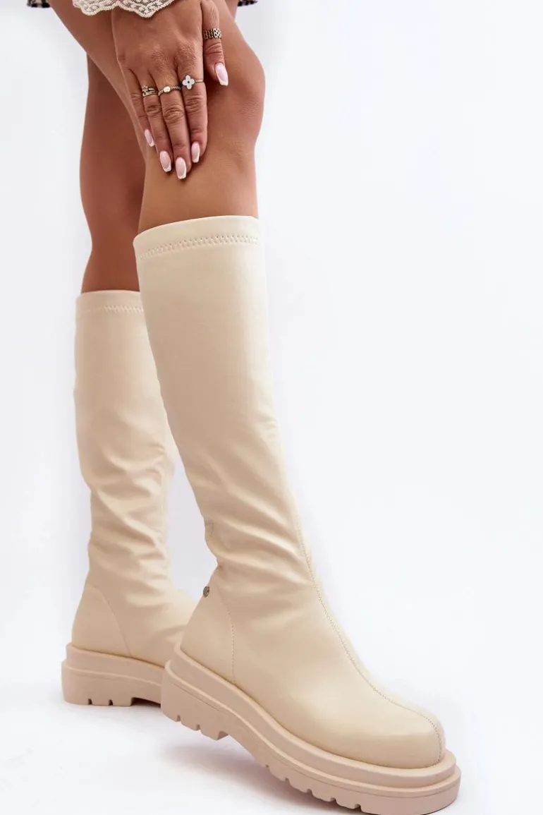 Kozaki Damskie Na Platformie Z Suwakiem GOE MM2N4067 Jasnobeżowe