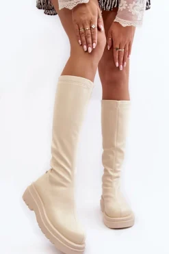 Kozaki Damskie Na Platformie Z Suwakiem GOE MM2N4067 Jasnobeżowe