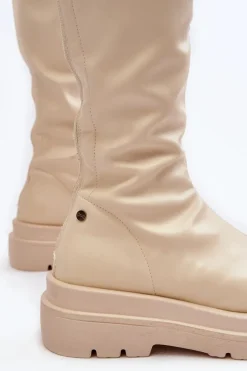 Kozaki Damskie Na Platformie Z Suwakiem GOE MM2N4067 Jasnobeżowe