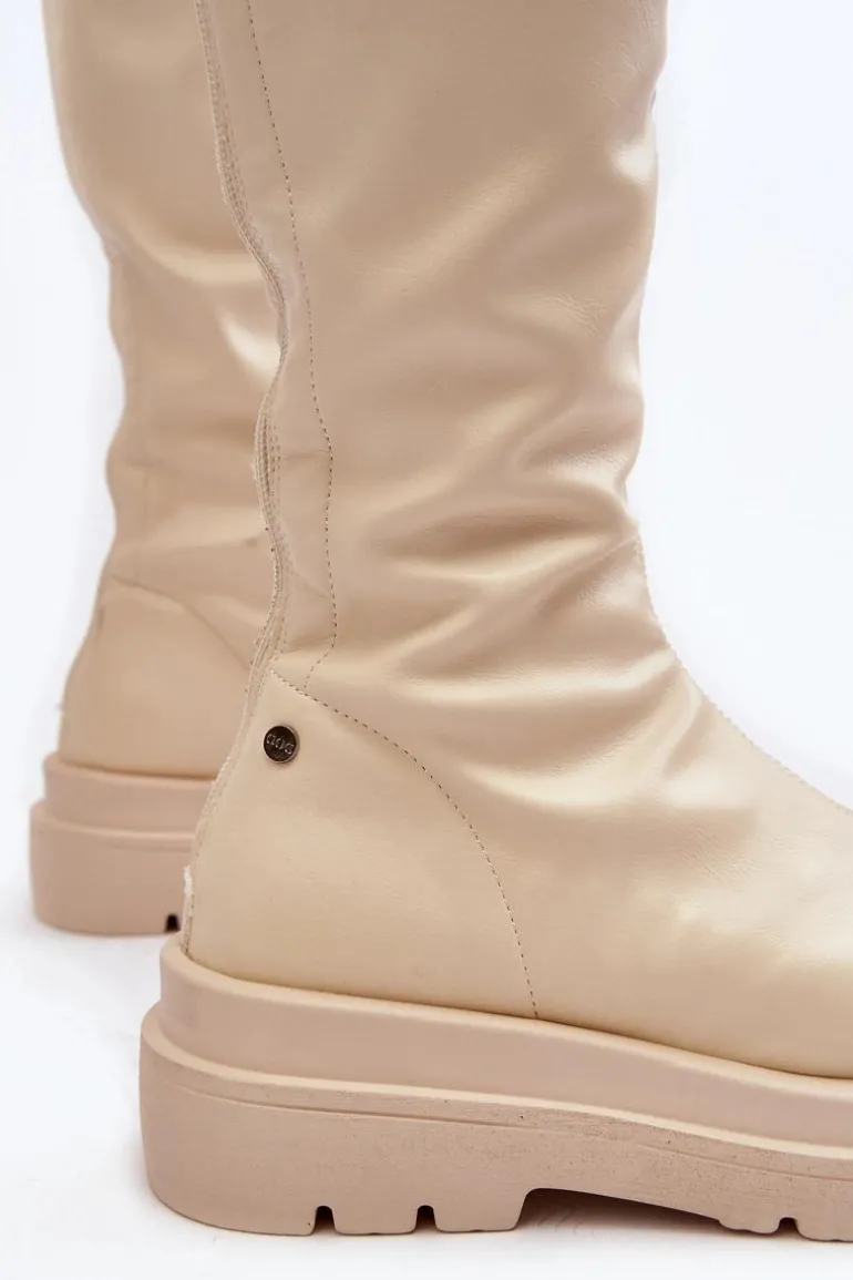 Kozaki Damskie Na Platformie Z Suwakiem GOE MM2N4067 Jasnobeżowe