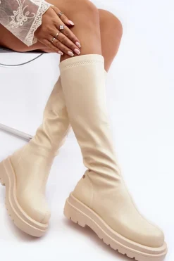 Kozaki Damskie Na Platformie Z Suwakiem GOE MM2N4067 Jasnobeżowe