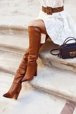 Kozaki Damskie Na Słupku Ciepłe Camel Vellma