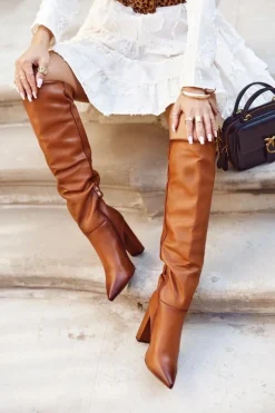 Kozaki Damskie Na Słupku Ciepłe Camel Vellma