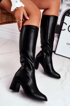 Kozaki Damskie Na Słupku Ciepłe Czarne Veronique