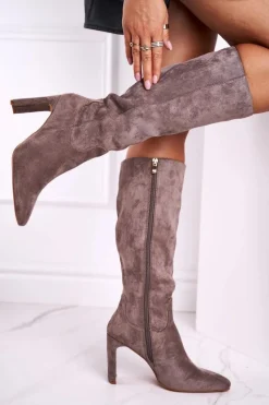 Kozaki Damskie Na Słupku Do Kolana Szare Truly Love