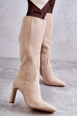 Kozaki Damskie Na Słupku Do Kolana Beżowe Truly Love