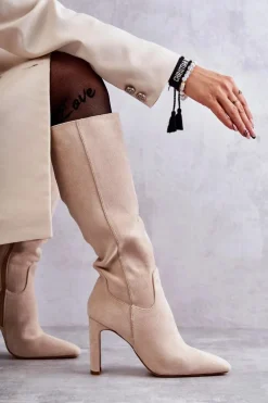 Kozaki Damskie Na Słupku Do Kolana Beżowe Truly Love