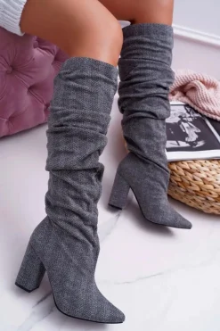 Kozaki Damskie Na Słupku Do Kolan Szare Termen