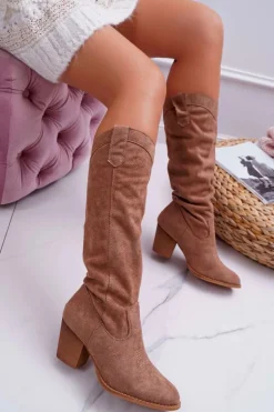 Kozaki Damskie Na Słupku Do Kolana Zamszowe Beżowe Lemane