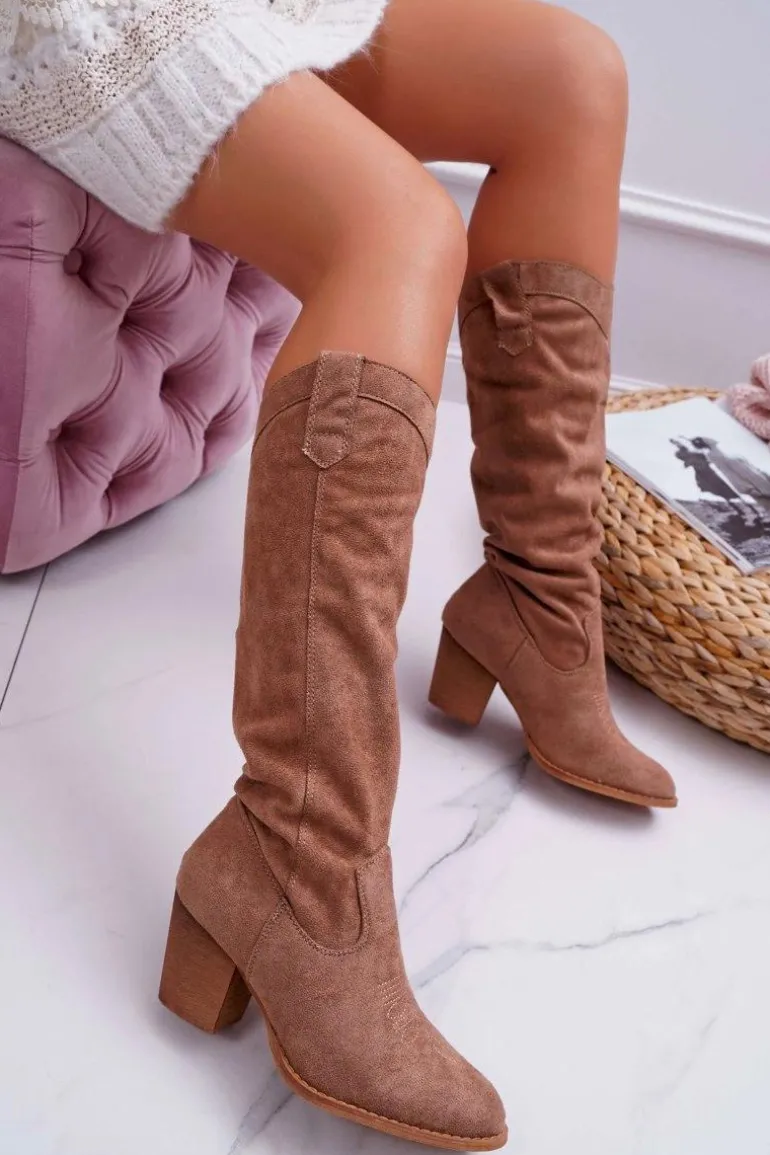 Kozaki Damskie Na Słupku Do Kolana Zamszowe Beżowe Lemane