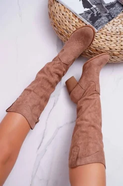 Kozaki Damskie Na Słupku Do Kolana Zamszowe Beżowe Lemane